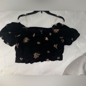 American Eagle Black Off The Shoulder Floral Crop Top
